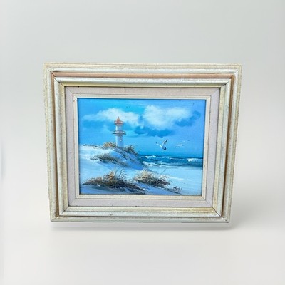 Vintage Signed Coastal Lighthouse Seascape Oil Painting Framed Ocean Beach 