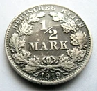 (515) RARE GERMANY EMPIRE 1/2 MARK SILVER COIN 1919 F  -  0.900 SILVER