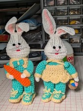 NEW 2 7" Crochet Easter Bunny Dolls White Pink Green Basket Carrot Eggs