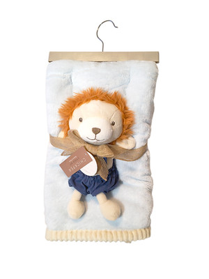Chick Pea Lion Blue & Cream Ribbed Trim Lovey Blanket Set 30'' X 36'' NEW