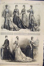 Old Antique Print Ladies Fashion Toilette Evening Dresses Children 1876 19th