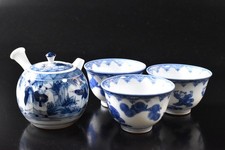 E333: Japanese Kiyomizu-ware Blue&White Karako Muffle Sencha TEAPOT & CUPS, auto
