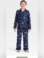 Cat  Jack Boys Navy Blue Santa Sleigh Christmas Long Sleeve Flannel Pajama Set