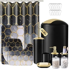 Black Bathroom Set with Shower Curtain and Rugs 25Pcs, Bathroom Accessory Set - 