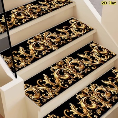 Black Golden Baroque Ornate Scroll Pattern Stair Treads, Non-Slip Stair Carpet