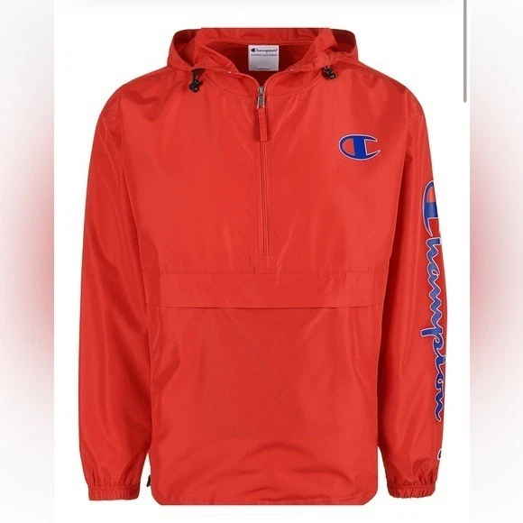 Champion Orange 1/4 Zip Packable Hooded Windbreaker Jacket Men’s Large