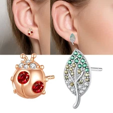KUNSIR 925 Sterling Silver Leaf & Ladybug Stud Earrings For Women Jewelry Gifts