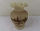 Fenton Custard Satin Hand Painted Vase Ruffled Snowy Log Cabin Signed