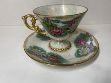 Ucagco Ceramics July Waterlily Lusterware Footed Handle Tea Cup and Saucer VTG