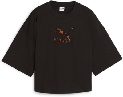 Authentic PUMA CLASSICS Kitten Leopard Print Logo Infill Tee | Black & White