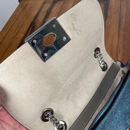 Coach Metallic Leather Purse Turnlock Small Crossbody Blue Silver - Picture 7 of 8
