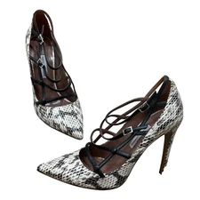 TABITHA SIMMONS Size 37.5 ( US 7.5) Snakeskin Pointed-Toe Strappy Pumps 4" Heels