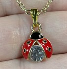 Ladybug pendant necklace red enamel, rhinestone 18” 14K gold plated chain