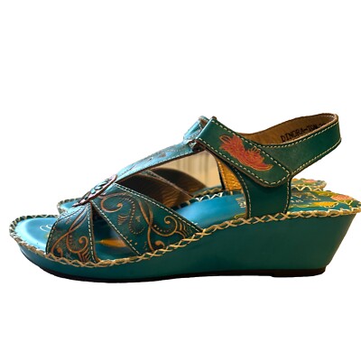 L'Artiste Dinora Wedge Sandal Size 39 US 9.5 Turquoise Spring Step BoHo Artsy