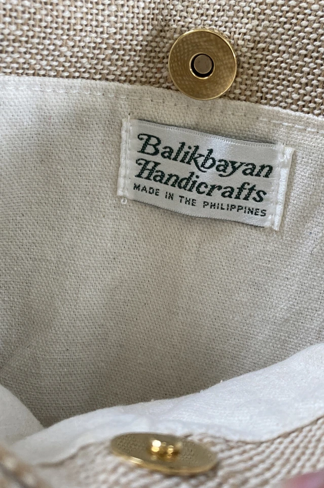 Vintage Linen Burlap Hand Bag/Purse, Ivory/Beige, With Colorful Beaded Handles - Image 3 of 4