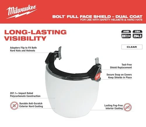 Milwaukee BOLT Full Face Shield, Clear, Compatible Safety Helmets & Hard Hats... - Picture 2 of 7