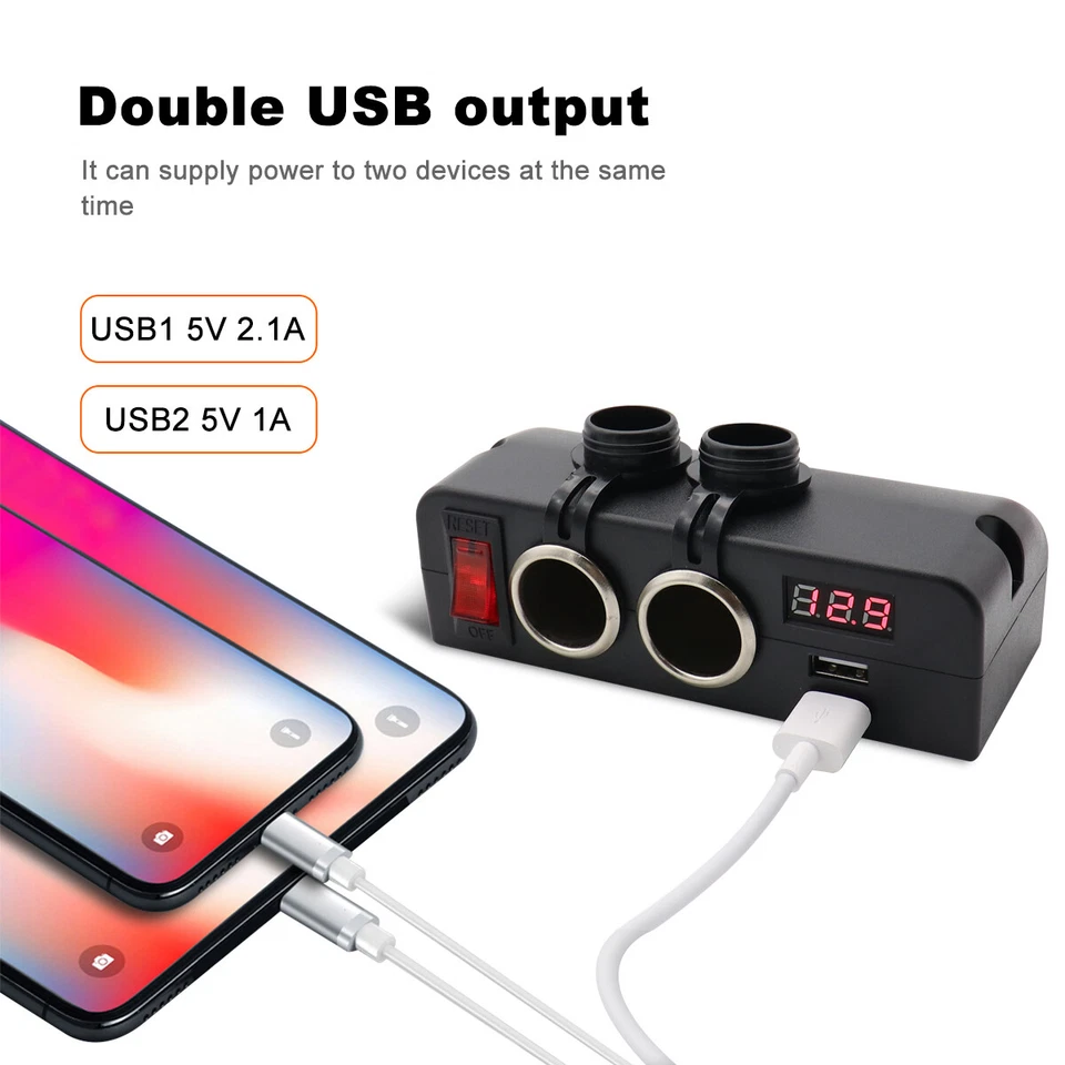 3 In 1 DC Charger Power Socket Dual USB Ports Digital Voltmeter Vehicle 12V 24V - Image 3 of 4