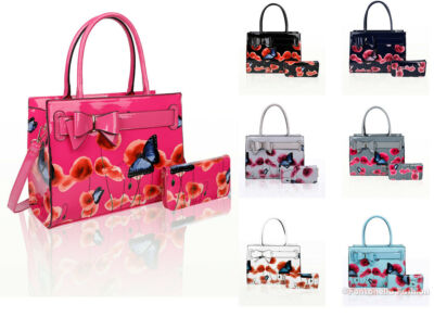 2IN1 neue Damen-Mohnblume glänzend Patent große Schultertasche & kleine Geldbörse