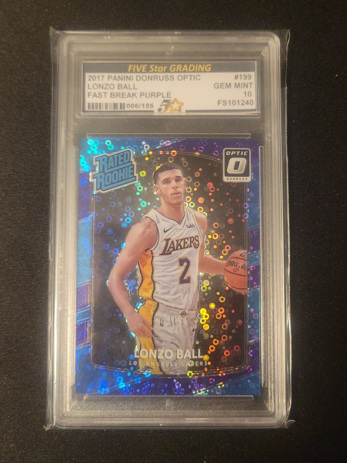 2017-18 Optic #155 Lonzo Ball Fast Break Purple RC 006/155 Five Star Grading