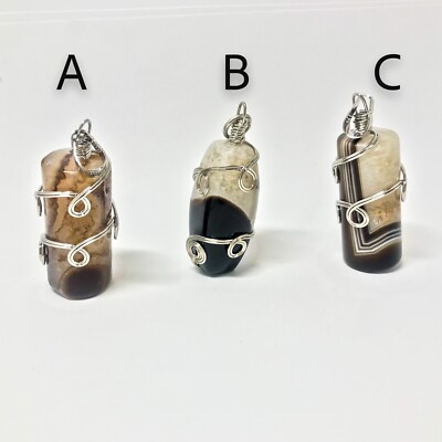 Black Agate quartz pendant. Large striped agate wire wrapping pendant.