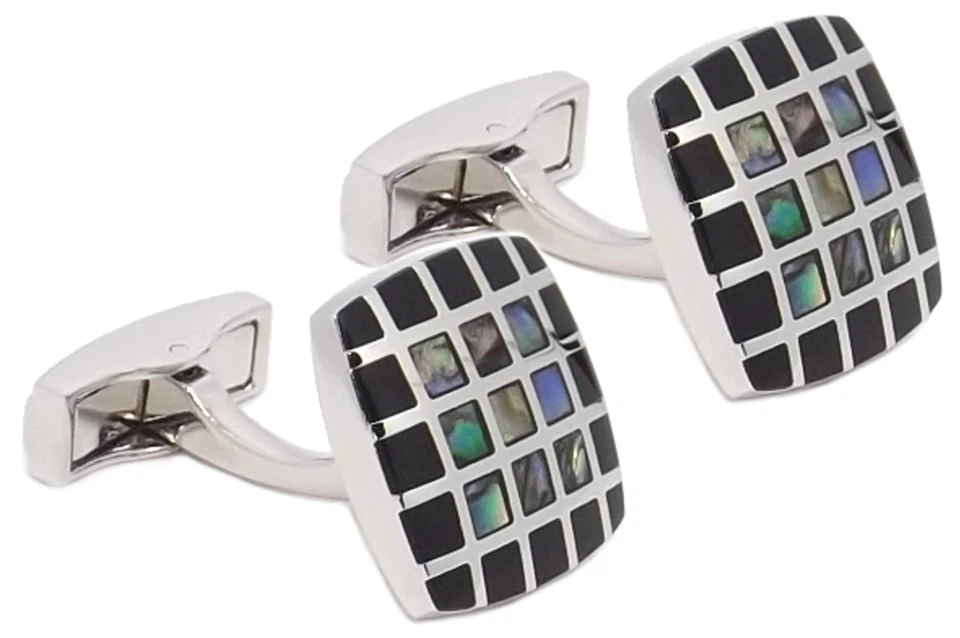 Coquille D'Ormeau & Onyx Noir à Carreaux Carré Hommes Cadeau Mariage Par Boutons - Photo 3/4