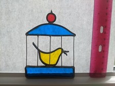 Stained Glass Caged Yellow Bird Window Hanger/Sun Catcher 4" Tall, Caged Bird
