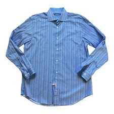Bugatchi Uomo Mens Shirt size 17 42 Blue Multi Striped Long Sleeve Cotton Dress