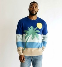 NWT Brooks Brothers Blue Sweater Supima Cotton Summer Palm Design Lightweight S