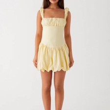 Peppermayo Clove Mini Dress Yellow Square Neck Bubble Skirt Ruched Straps Y2K 10
