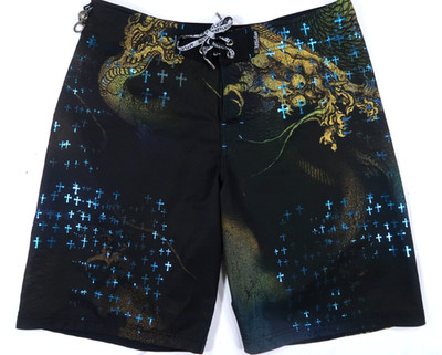 NEW Affliction Mens 36 VTG Y2k Perf stretch cross dragon long baggy board shorts
