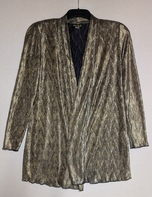 Vintage Ma-Sai 1980s Statement Crinkle Shiny Gold Metallic Open Cardigan UK 16