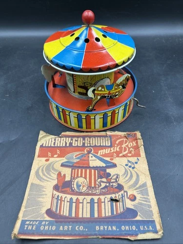 Vintage Ohio Art Merry Go Round Tin Music Box Toy W/ Original Box Wind Up. ML