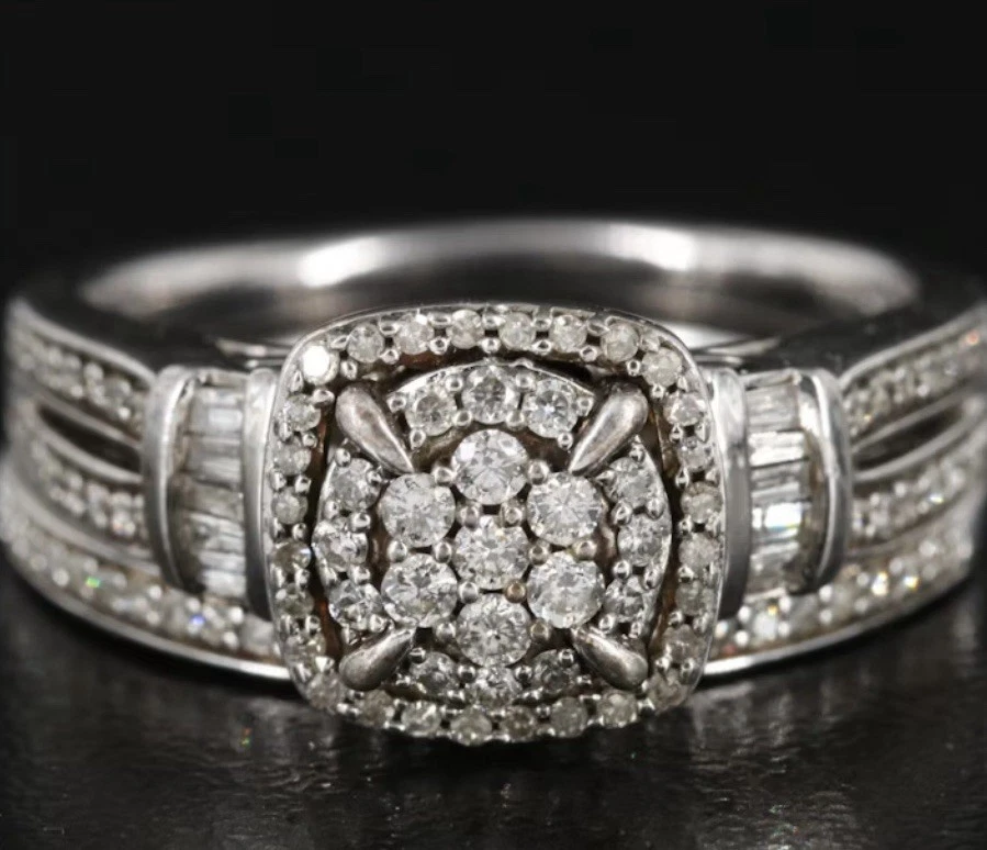 Sterling Silver 1/2 CT TW Diamond Layered Square Halo Bridal Ring Set Size 7 - Image 2 of 4