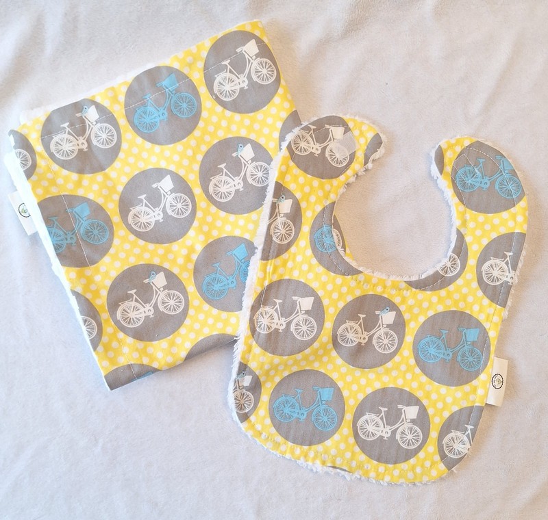 Boutique Yellow And Gray Polka Dot Bicycle Chenille Lovey And Bib Set