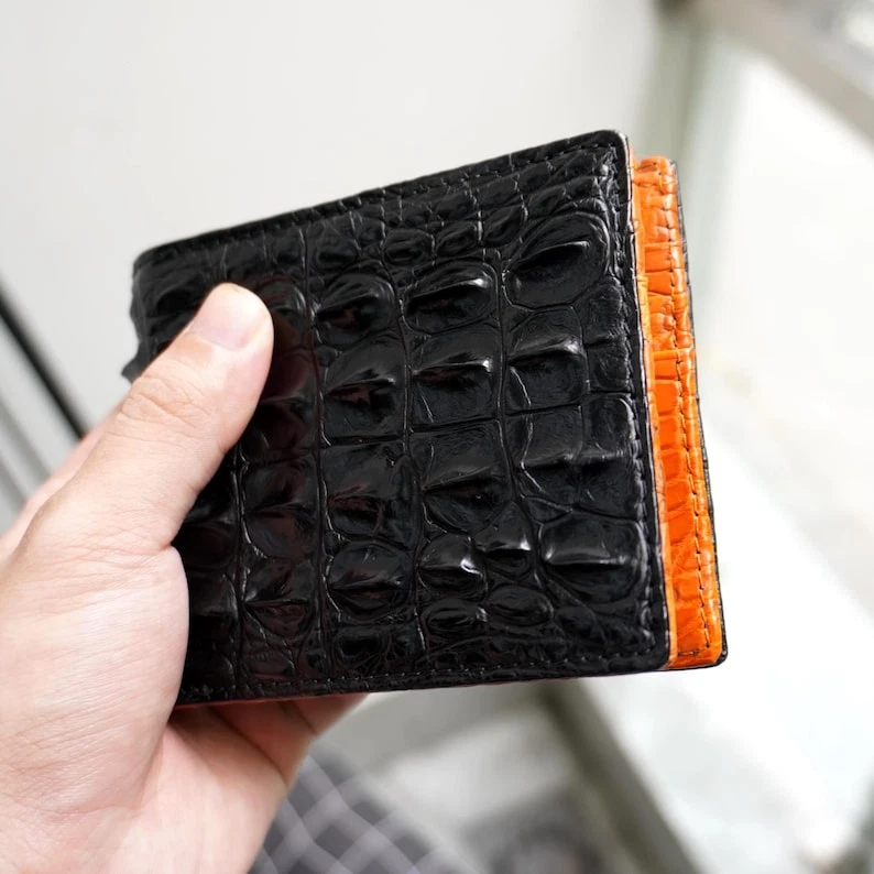 Real Double-sided Orange Black Leather Bifold Wallet Men's Wallet Card Holder - Image 3 of 4