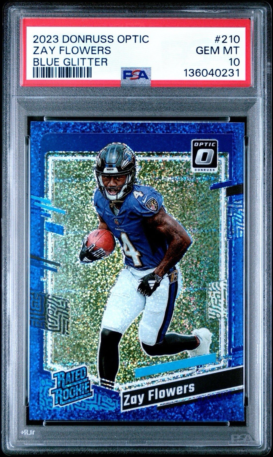 2023 Donruss Optic Zay Flowers Blue Glitter Prizm SP Rookie RC 210 PSA 10 Ravens