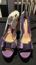 Moschino purple open-toe slingback heels with bow detail and colorful strap acce