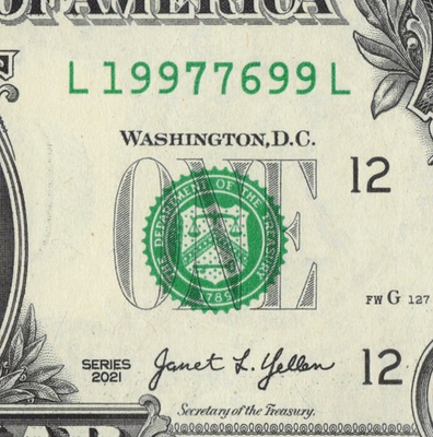 #ad Year Note 1997 in the Serial Number Leading Position $1 Dollar Bill L19977699L $3.99