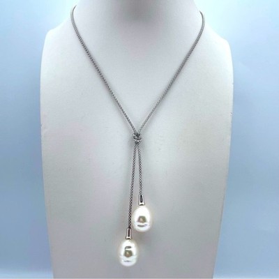 Stunning Vintage Majorica 1890 925 Sterling Baroque Pearl Lariat Necklace
