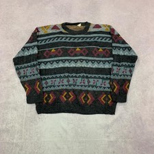 Vintage Knitted Jumper abstract patterned grandad knit sweater Men's XL