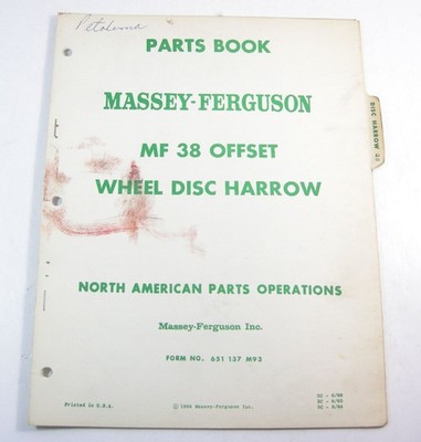 Original Massey Ferguson MF 38 Offset Wheel Disc Harrow Orchard Parts Manual