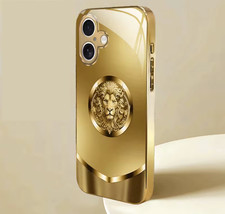 Iphone 16 Golden Lion Emblem Electroplated Tempered Glass Phone Case Luxury Feel