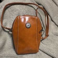 Tan Small Shoulder Bag Metal Accent Stitching Adjustable Strap Silver Hardware