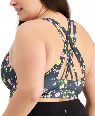 Ideology Strappy Back Wire Free Wicking Sports Bra Gray Pansy Poppy Floral 2X