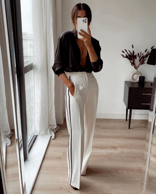 PANTALON FLUIDE TAILLE HAUTE FEMME ZARA AVEC RAYURES LATÉRALES