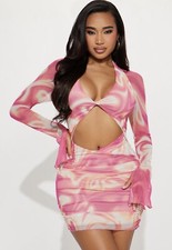 FASHION NOVA Women’s Pink Swirl Mesh Front Cut Club/Party Mini Dress