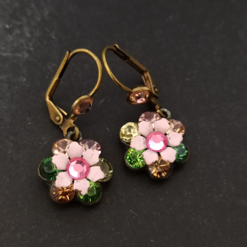 Pendientes Michal Negrin Coloridos Cristal Flor Gota Rosa Verde Firmados De Colección Foto 3 de 4
