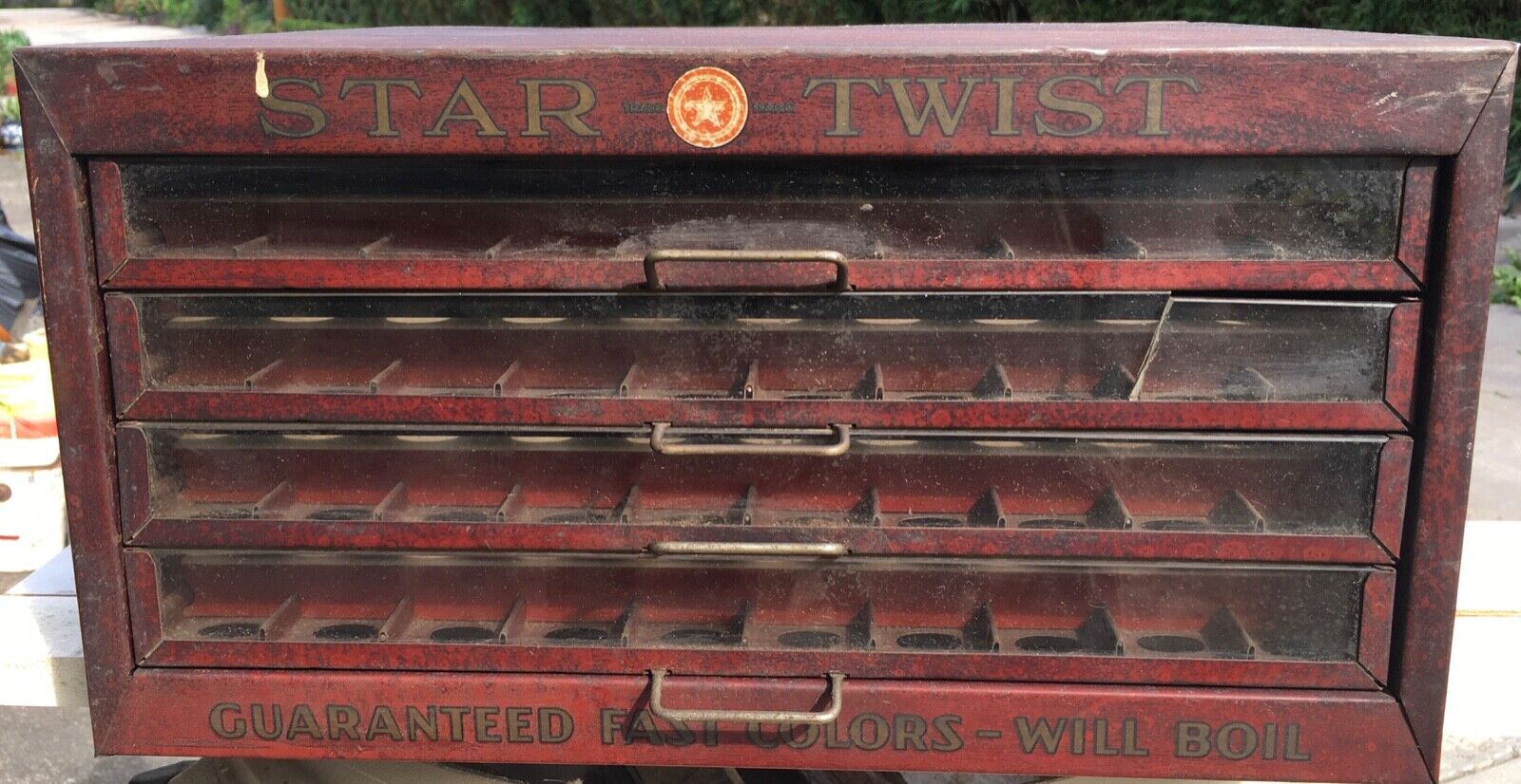 Antique Vintage Star Twist 4 Drawer Advertising Metal Glass Fronts Spool Cabinet