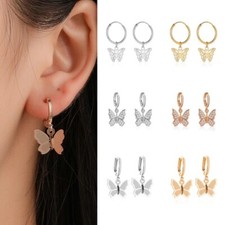 Women Silver or Gold Cubic Butterfly Dangle Drop Earrings Hoop Huggie E50
