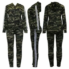Womens Camouflage Print Tracksuit Side Stripe Top Jacket Lounge Leggings 2Pc Set